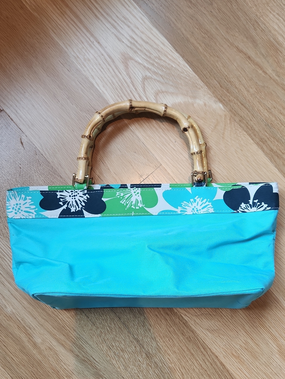 Estee Lauder Turquoise Floral Bamboo-Handle Tote Bag
